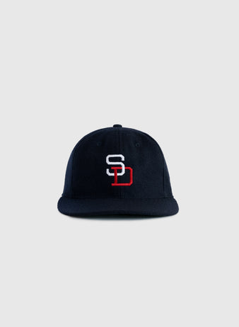 The EFF San Diego Padres (PCL) 1956 Authentic Wool Ballcap features a navy blue design with an interlocking white S and red D SD logo on the front, shown against a plain light gray background.