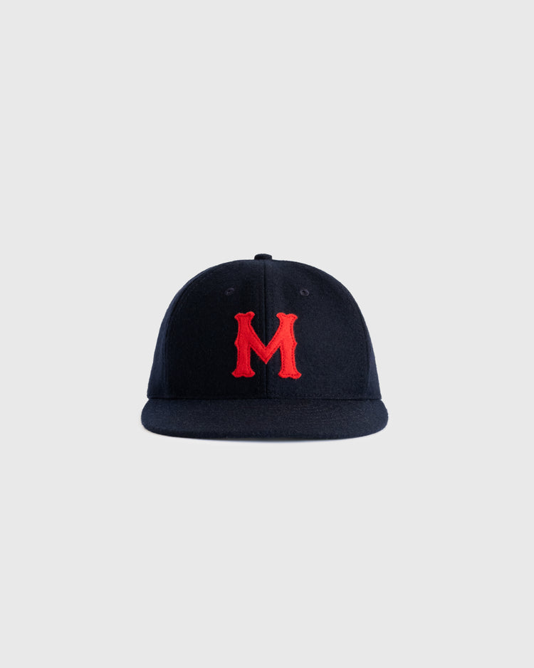 The EFF San Francisco Mission Reds 1937 Authentic Wool Ballcap is a black vintage-style cap with a flat brim and a large red embroidered M, inspired by the historic team, shown on a plain light gray background.