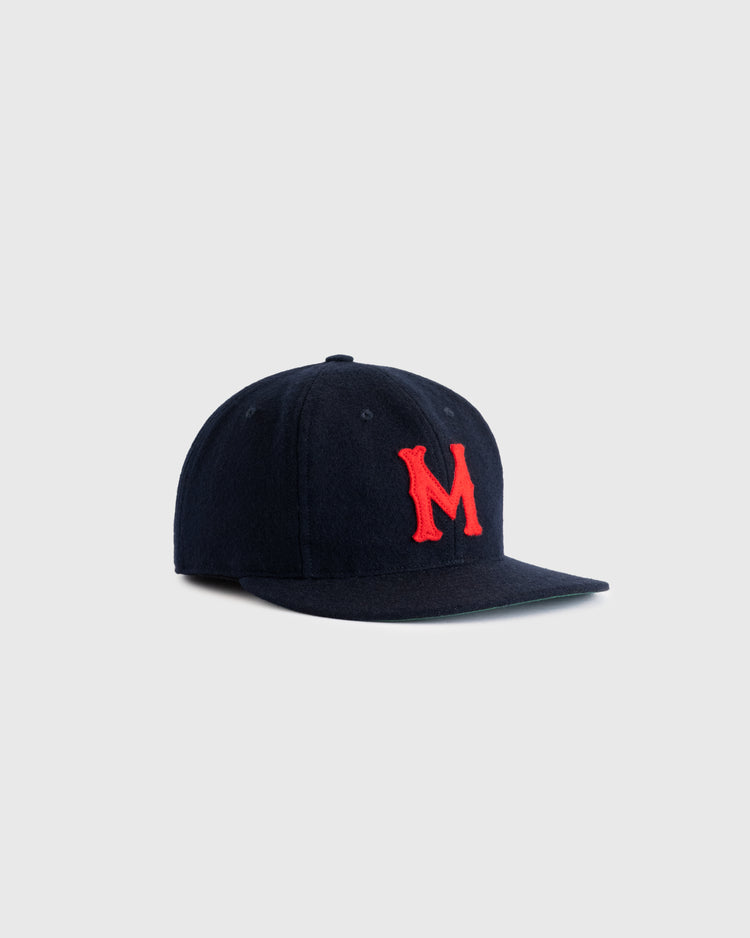 The EFF San Francisco Mission Reds 1937 Authentic Wool Ballcap features navy blue wool and a red embroidered M, recreated from the historic team, displayed on a plain light gray background.