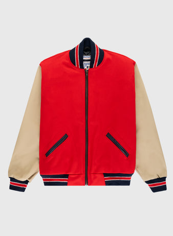 The EFF Cincinnati Reds 1940 Authentic Wool & Leather Jacket features a red body, beige sleeves, black/red striped collar, cuffs, and hem, and black-trimmed pockets for classic vintage style. Shown on a light gray background.