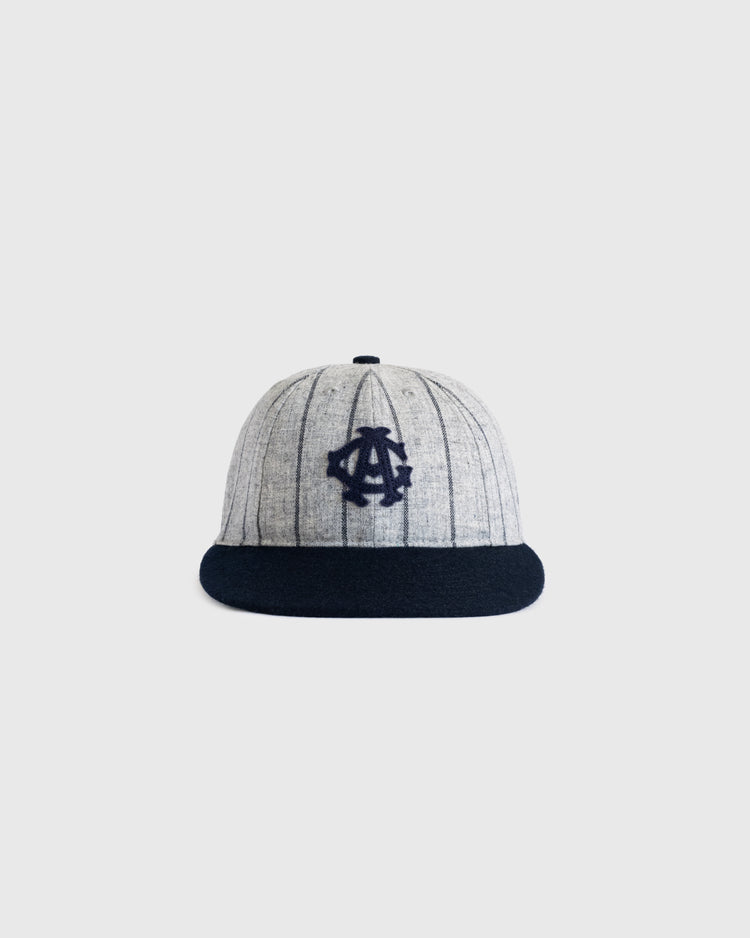 The EFF Chicago American Giants 1914 Authentic Wool 8-Panel Softbrim Ballcap features a light gray pinstriped crown, dark navy brim, and navy embroidered logo, shown against a plain light background.