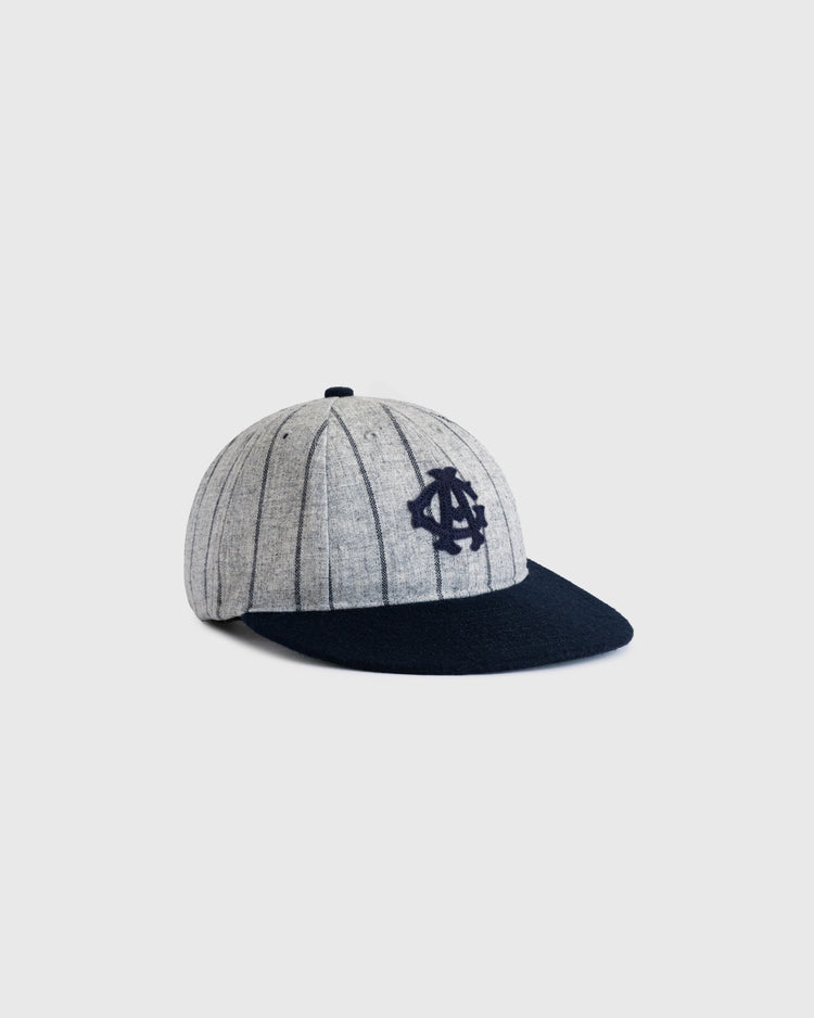 The EFF Chicago American Giants 1914 Authentic Wool 8-Panel Softbrim Ballcap features a grey vintage design with dark pinstripes, a navy brim, and an overlapping letter logo on the front, shown on a light gray background.