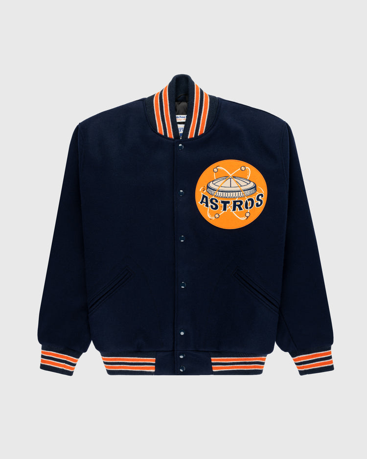 The EFF Houston Astros 1965 Authentic All Wool Varsity Jacket features a retro team logo, navy blue body, and orange/white striped cuffs, collar, and waistband—classic Astrodome-era style.