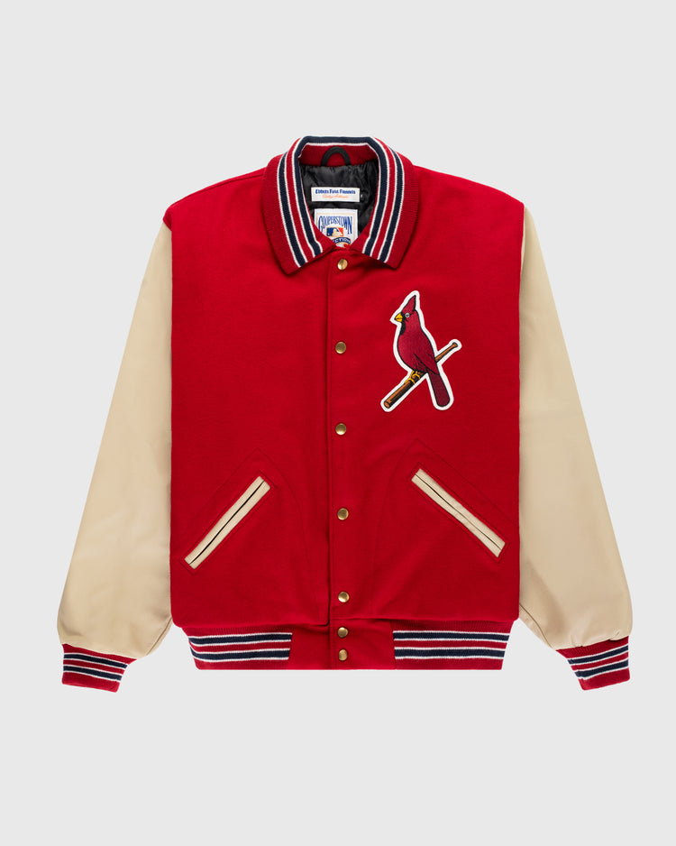The EFF St. Louis Cardinals 1940 Authentic Wool & Leather Jacket features a red varsity body, beige leather sleeves, striped cuffs and collar, gold buttons, and a 1940s-inspired bird logo on the front left chest.