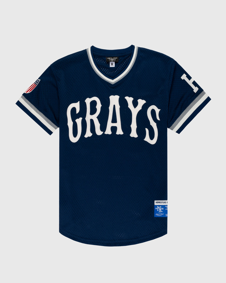 The EFF Homestead Grays Mesh V-Neck Jersey is navy with white trim, GRAYS in bold white letters front, a white H on the sleeve, and historical patches on the right sleeve and lower front—paying tribute to the legendary Grays.