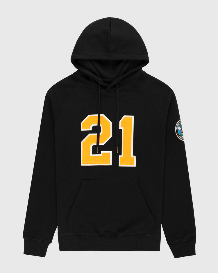 The EFF Roberto Clemente French Terry Feld Pullover Hoodie is a black hoodie with a bold yellow 21 on the front and a circular patch on the sleeve—an ideal tribute for Pittsburgh Pirates fans.