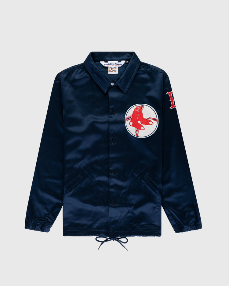 The EFF Boston Red Sox 1967 Satin Windbreaker Jacket is a navy blue vintage piece featuring a large red Red Sox logo on the left chest, a red B patch on the sleeve, front pockets, collar, and drawstring hem.