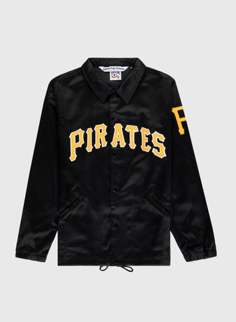 The EFF Pittsburgh Pirates 1960 Satin Windbreaker Jacket features “PIRATES” in bold yellow and white on the front, a large yellow P on the left sleeve, snap buttons, elastic cuffs, and a classic collar for iconic vintage MLB style.