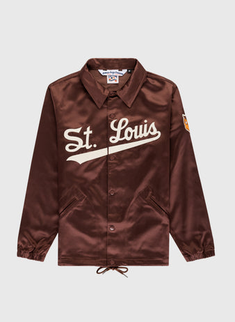 The EFF St. Louis Browns 1952 Satin Windbreaker Jacket features St. Louis in cream script, a left sleeve patch, collar, snap buttons, and side pockets—delivering classic MLB vintage style.