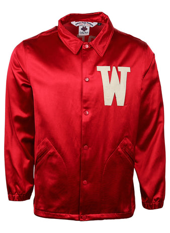 The EFF University of Wisconsin Satin Windbreaker features a shiny red finish, a large white W on the left chest, button-up front, two pockets, and elastic cuffs.
