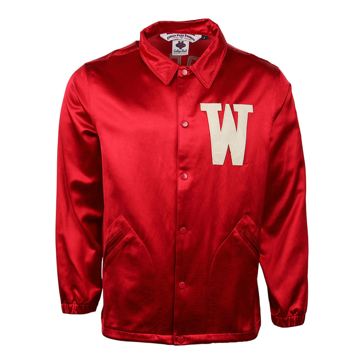 The EFF University of Wisconsin Satin Windbreaker features a shiny red finish, a large white W on the left chest, button-up front, two pockets, and elastic cuffs.