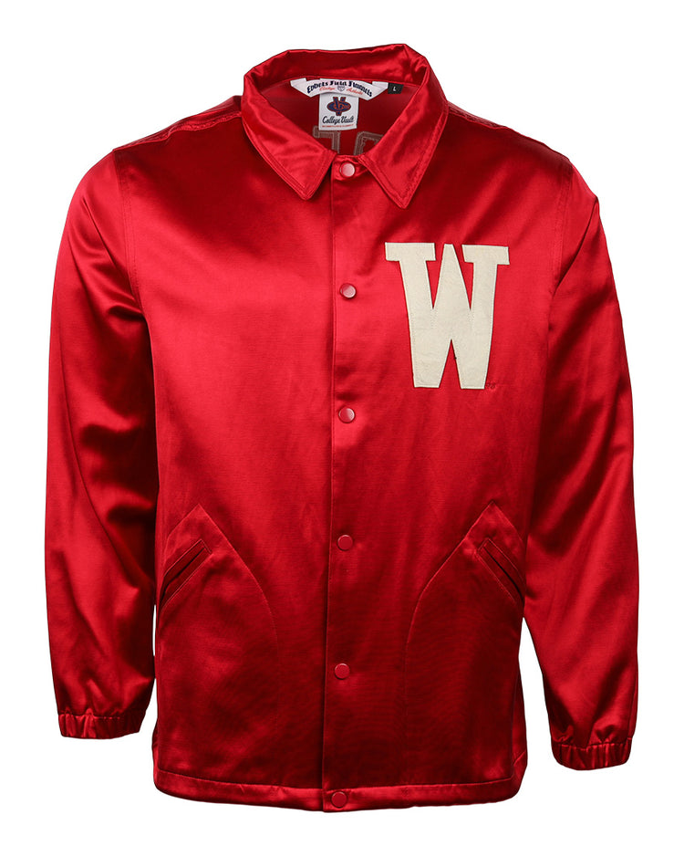 The EFF University of Wisconsin Satin Windbreaker features a shiny red finish, a large white W on the left chest, button-up front, two pockets, and elastic cuffs.