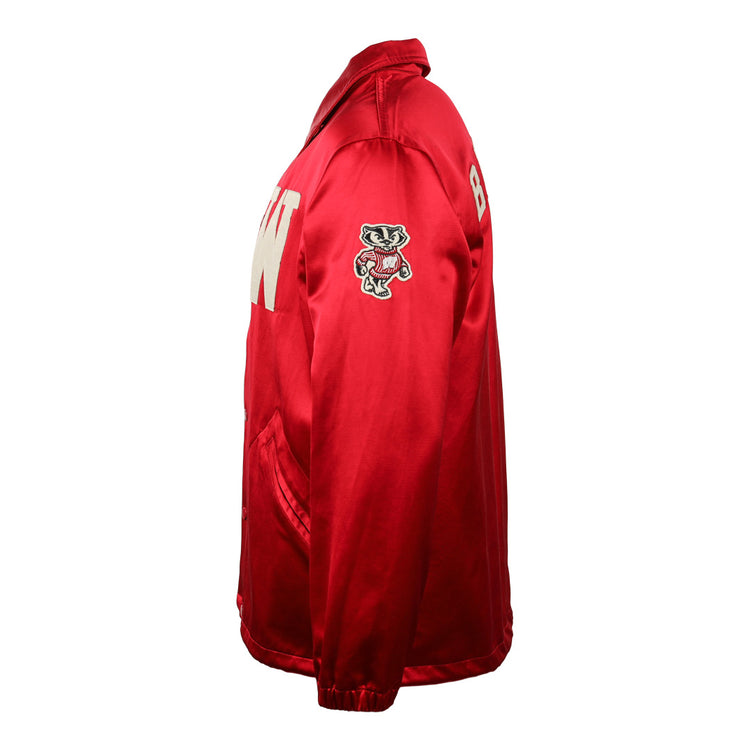 The EFF University of Wisconsin Satin Windbreaker is a bright red jacket with W and B on the front, an embroidered cartoon badger mascot on the sleeve, two front pockets, and a collar, shown from the side.
