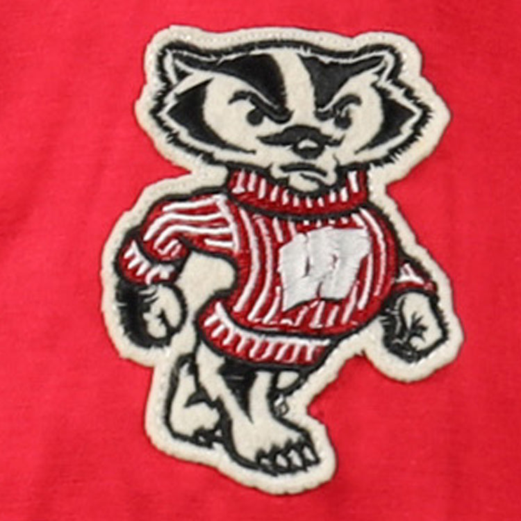 Add vintage flair to your University of Wisconsin Satin Windbreaker by EFF with an embroidered patch featuring a badger in a red and white striped sweater marked with a white W, set against a red background. Perfect for Badgers fans!.