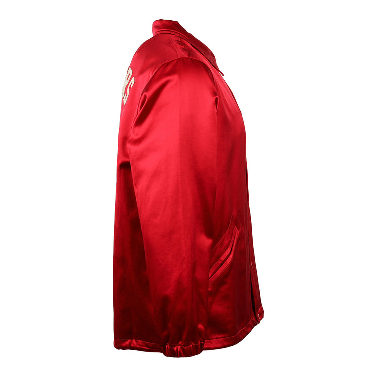 The EFF University of Wisconsin Satin Windbreaker is shown from the side, featuring a shiny red finish, two slanted front pockets, elastic cuffs, and partial white lettering on the upper sleeve.