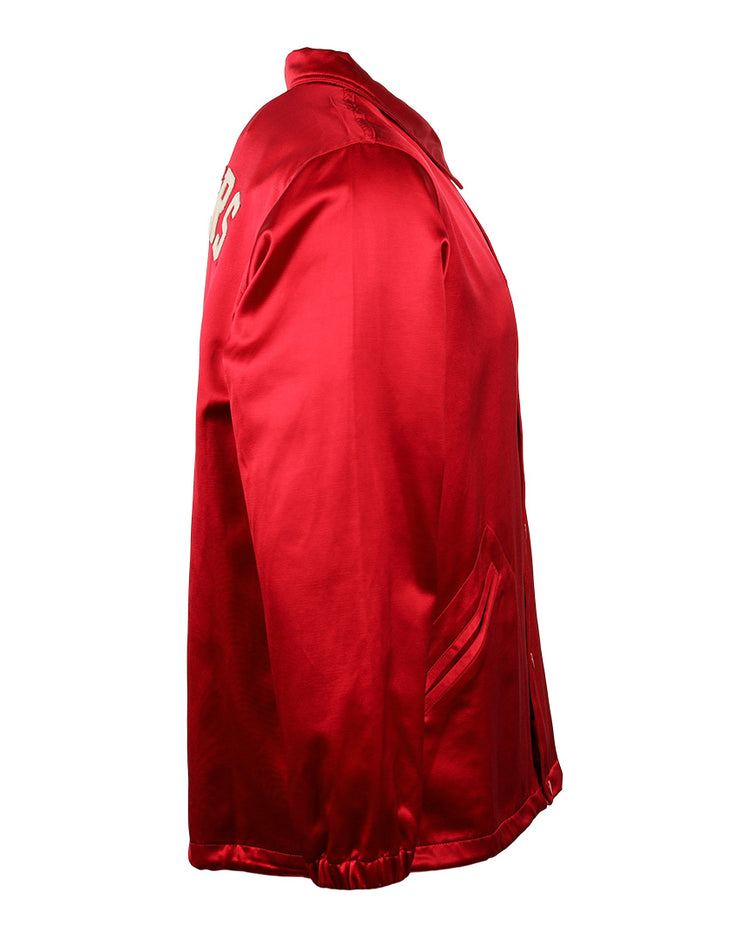 The EFF University of Wisconsin Satin Windbreaker is shown from the side, featuring a shiny red finish, two slanted front pockets, elastic cuffs, and partial white lettering on the upper sleeve.