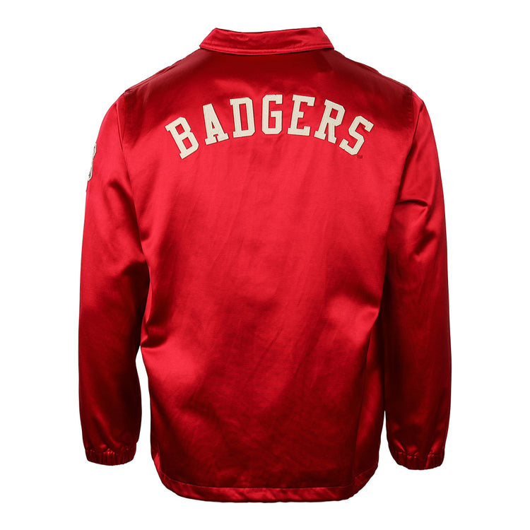 The EFF University of Wisconsin Satin Windbreaker features BADGERS in large white letters on the back, with long sleeves and a classic collar—perfect for fans and collectors.