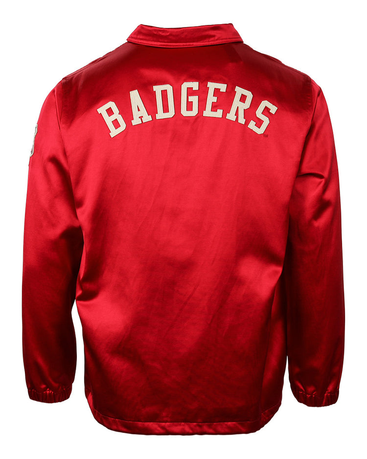 The EFF University of Wisconsin Satin Windbreaker features BADGERS in large white letters on the back, with long sleeves and a classic collar—perfect for fans and collectors.