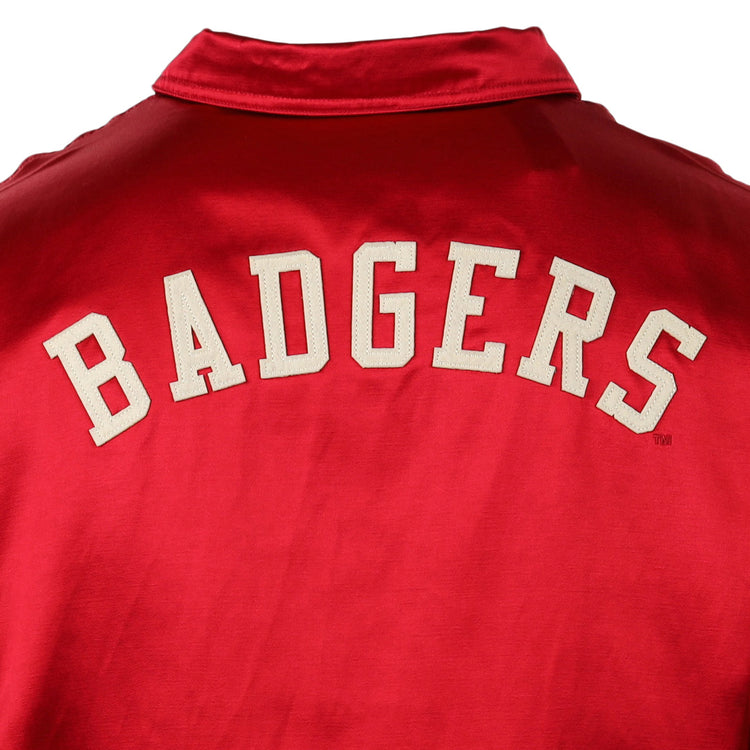 EFF University of Wisconsin Satin Windbreaker—red with bold, white block BADGERS across the upper back. A classic vintage jacket, perfect for any Wisconsin Badgers fan.