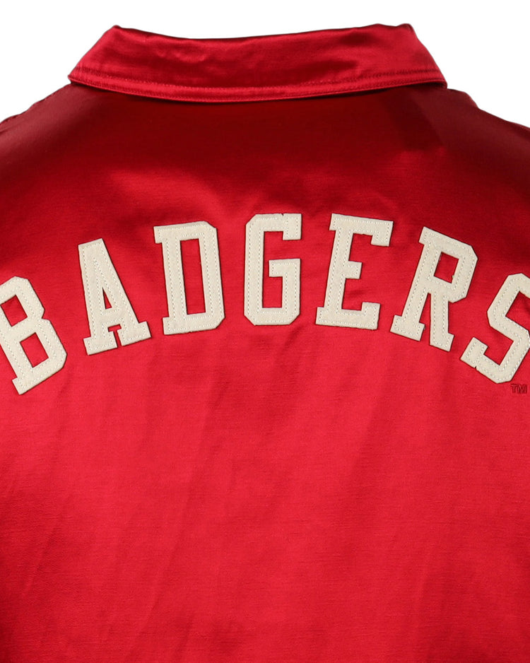EFF University of Wisconsin Satin Windbreaker—red with bold, white block BADGERS across the upper back. A classic vintage jacket, perfect for any Wisconsin Badgers fan.
