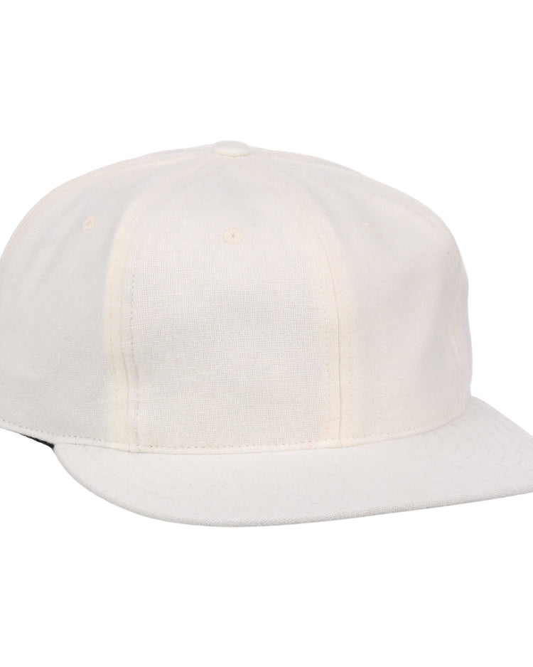 The EFF Cream Wool Vintage Ballcap, shown from the front on a white background, features a curved brim and showcases classic made-in-USA craftsmanship.