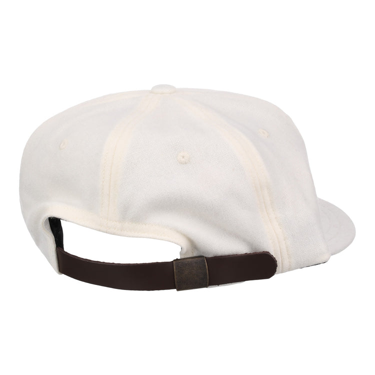 The EFF Cream Wool Vintage Ballcap is made in the USA and shown from the back, featuring a brown adjustable strap with a metal clasp.