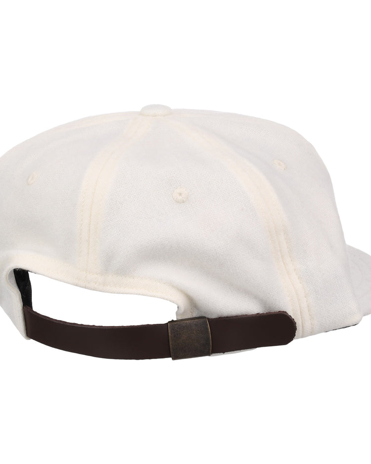 The EFF Cream Wool Vintage Ballcap is made in the USA and shown from the back, featuring a brown adjustable strap with a metal clasp.