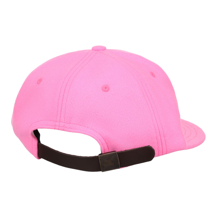 The EFF Pink Wool Vintage Ballcap, inspired by classic Ebbets caps, is shown from the back with a brown adjustable strap and metal clasp. Proudly made in the USA.