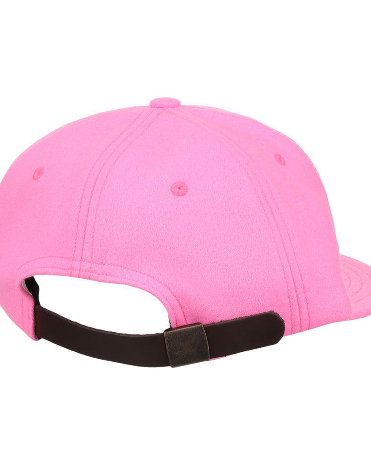 The EFF Pink Wool Vintage Ballcap, inspired by classic Ebbets caps, is shown from the back with a brown adjustable strap and metal clasp. Proudly made in the USA.