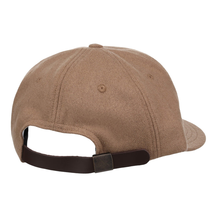 The EFF Tan Wool Vintage Ballcap, made in the USA, features classic Ebbets style and a back view with a dark brown leather adjustable strap and metal buckle.