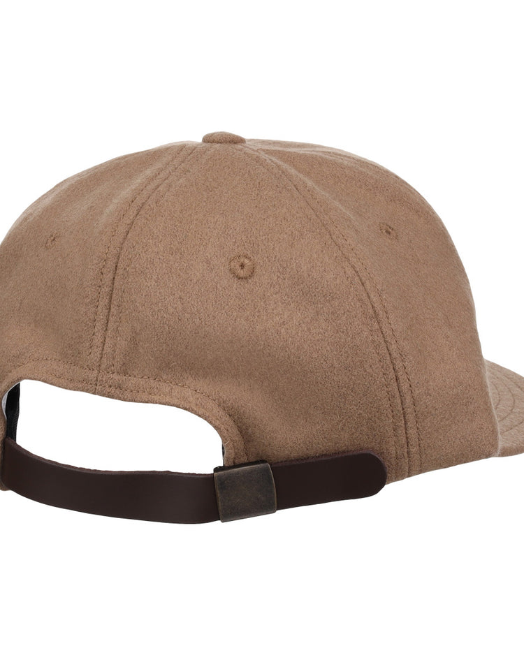 The EFF Tan Wool Vintage Ballcap, made in the USA, features classic Ebbets style and a back view with a dark brown leather adjustable strap and metal buckle.