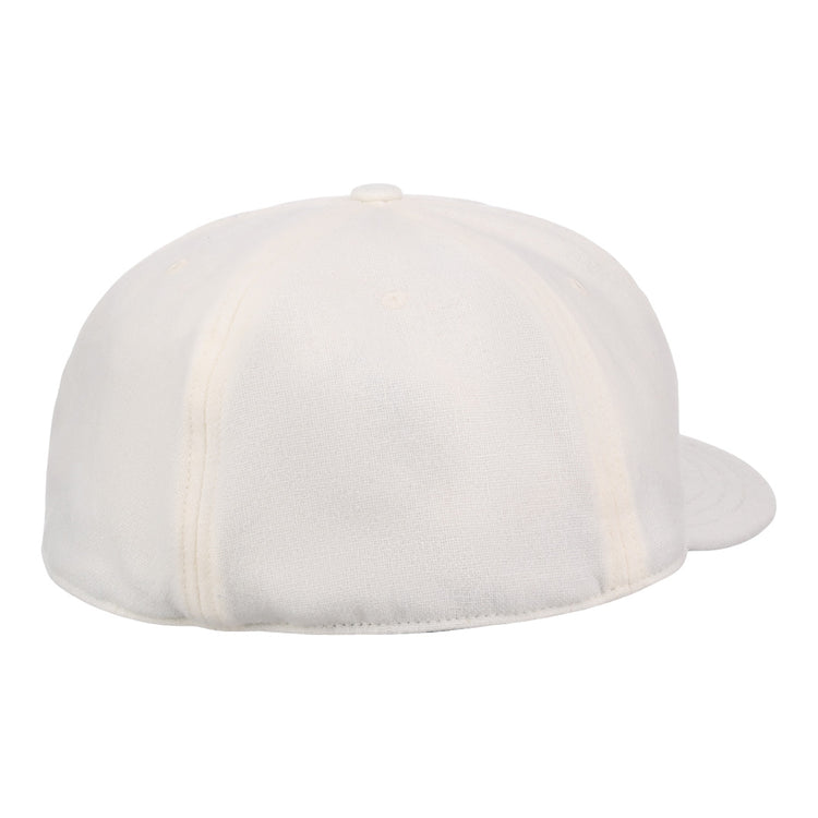 The Cream Wool Vintage Ballcap by EFF is shown from the back, highlighting its visible stitching and curved brim.