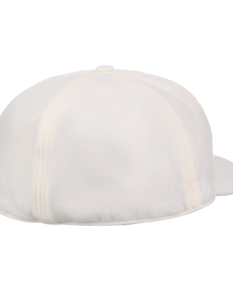 The Cream Wool Vintage Ballcap by EFF is shown from the back, highlighting its visible stitching and curved brim.