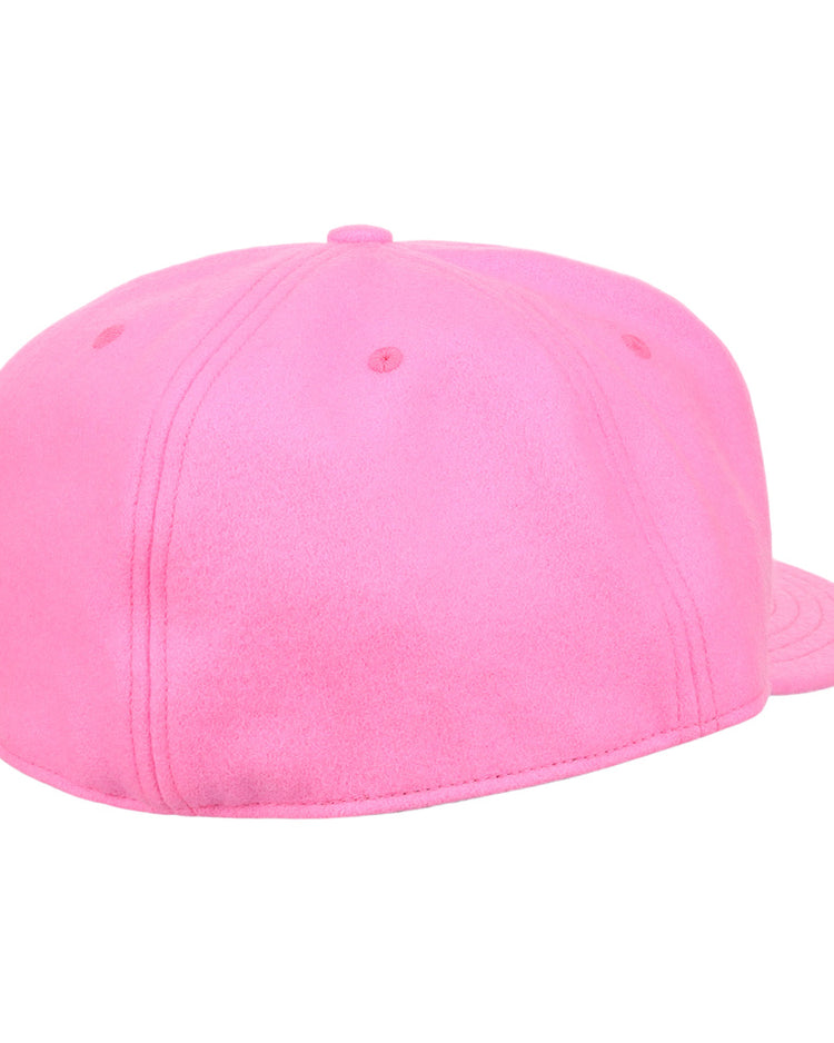 The EFF Pink Wool Vintage Ballcap, made in the USA, is shown from the back with a rounded crown, visible stitching, no adjustable strap or logo—showcasing classic craftsmanship.
