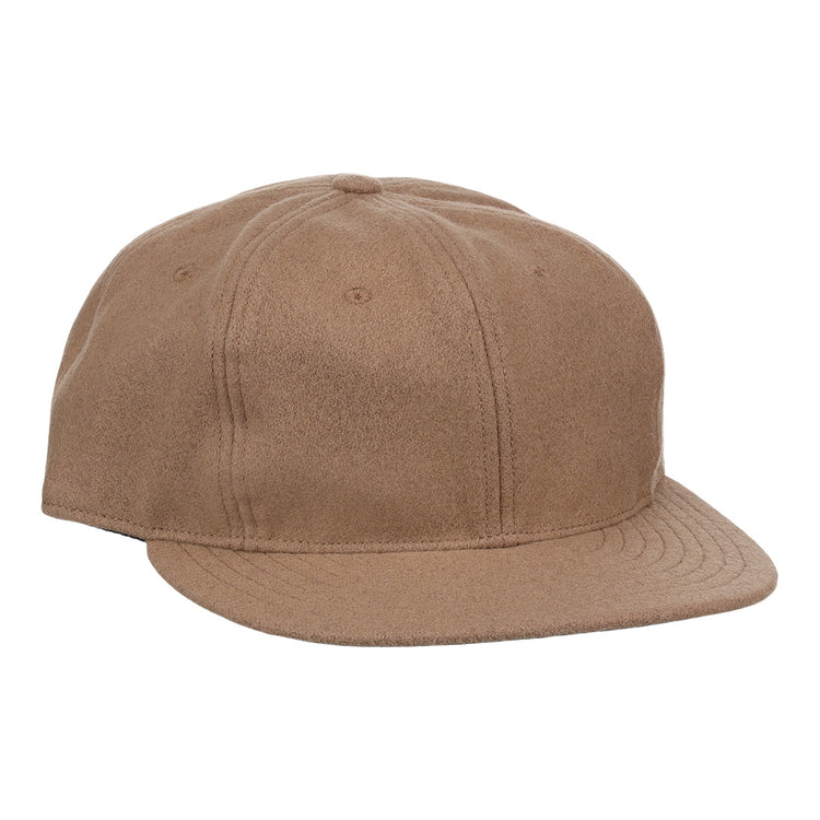 The EFF Tan Wool Vintage Ballcap features soft wool fabric, a rounded crown, visible stitching, and a curved brim. Inspired by classic Ebbets caps and shown on a white background.