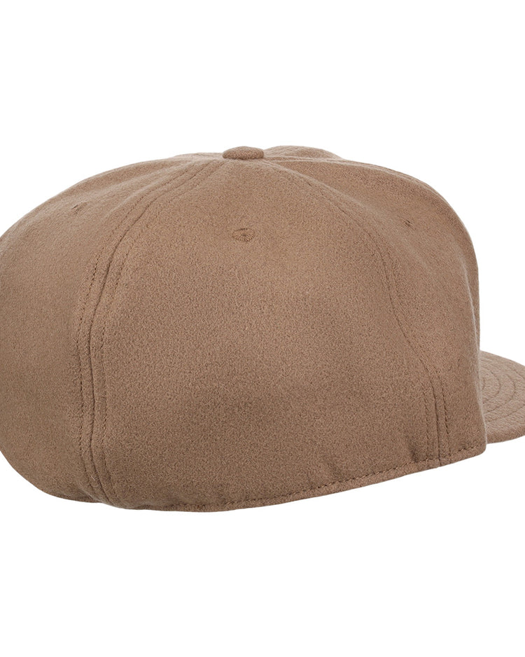 The EFF Tan Wool Vintage Ballcap is shown from the back, featuring a seamless design with no visible closures or straps—reflecting classic EFF quality and USA craftsmanship.
