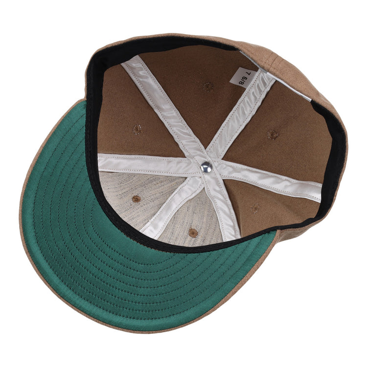 The EFF Tan Wool Vintage Ballcap, made in the USA in classic Ebbets style, features a green underbrim, white stitching, and a size tag on the inner band.