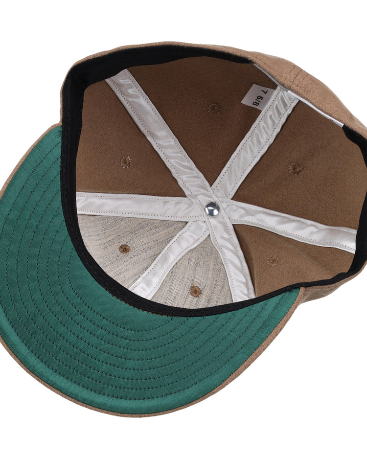 The EFF Tan Wool Vintage Ballcap, made in the USA in classic Ebbets style, features a green underbrim, white stitching, and a size tag on the inner band.