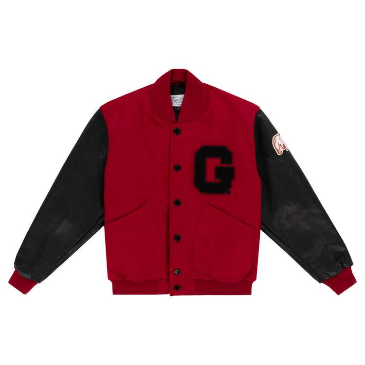 The EFF University of Georgia 1939 Authentic Jacket features a red body, black leather sleeves, black buttons, two front pockets, a large black G patch on the chest, and red ribbed cuffs and waistband for a classic collegiate look.