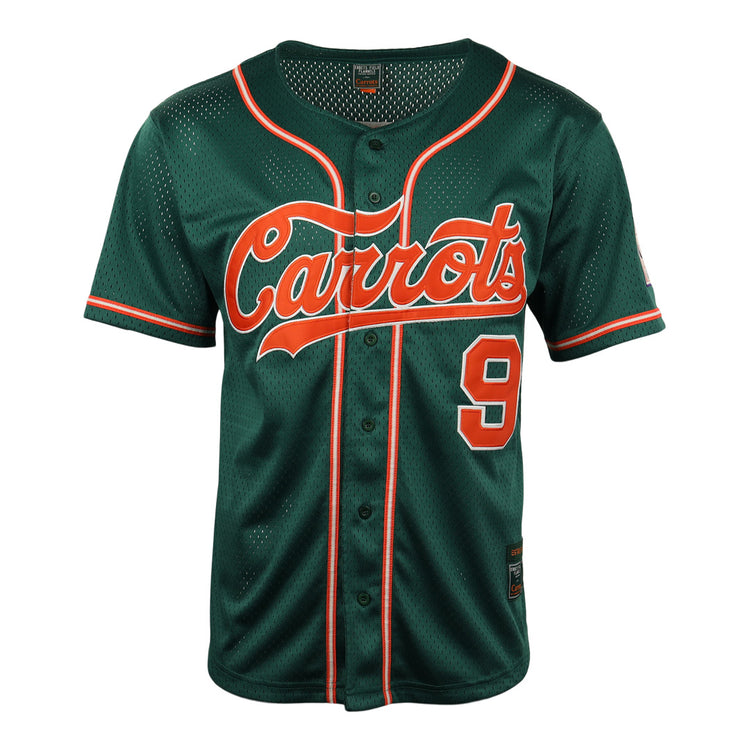 The EFF Carrots Arlington Heights Collection Button-Up Mesh Jersey features dark green mesh, orange and white trim, Carrots script across the chest, and a #9 on the lower right front, inspired by Ebbets Field Flannels classics.