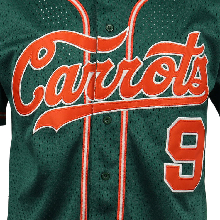 Close-up of EFFs Carrots Arlington Heights Collection Button-Up Mesh Jersey in green mesh with orange and white trim. Carrots appears in orange script across the chest, with the number 9 on the lower right side.