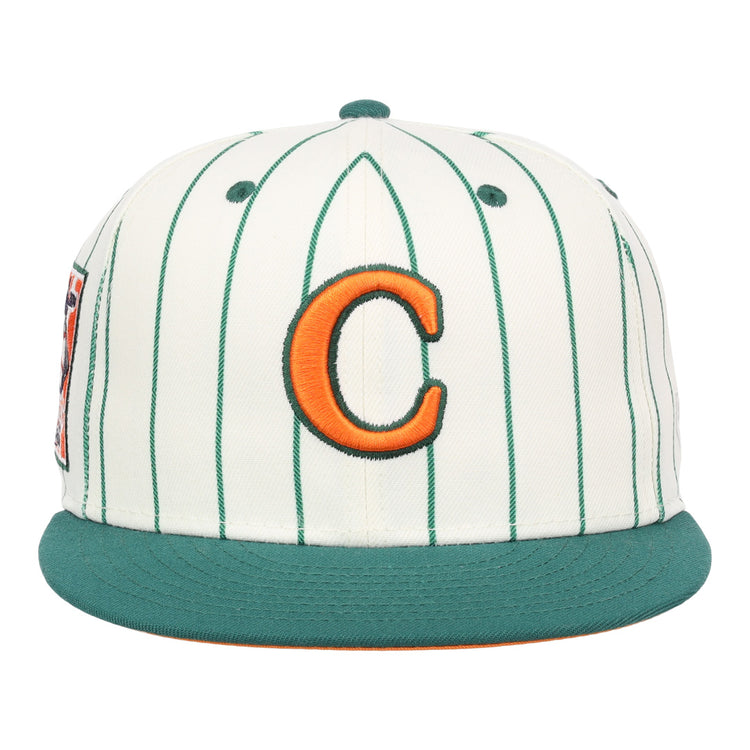 The EFF Carrots Arlington Heights Collection Pinstripe Fitted Ballcap features white fabric with green pinstripes, a green brim, and an orange C outlined in green, made in collaboration with Ebbets Field Flannels.