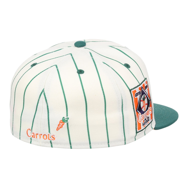 The EFF Carrots Arlington Heights Collection Pinstripe Fitted Ballcap features green pinstripes and brim, an embroidered carrot, the word Carrots, and a colorful patch—highlighting its EFF x Carrots collab.