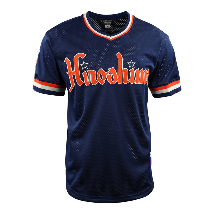 The Hiroshima Carp EFF DNA Replica V-Neck Mesh Jersey by EFF is a navy blue vintage mesh jersey with Hiroshima in white and orange letters, plus orange and white stripes on the sleeves and collar.