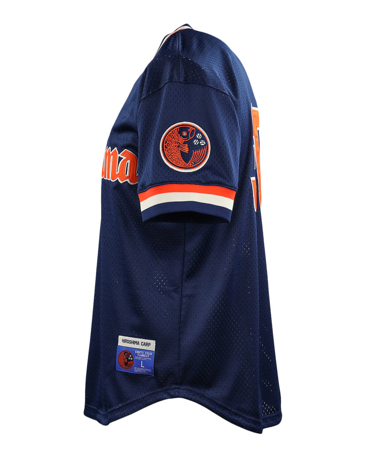The Hiroshima Carp EFF DNA Replica V-Neck Mesh Jersey by EFF features a vintage mesh design with team details, inspired by classic baseball aesthetics. Displayed on a mannequin, the side view highlights its unique style.