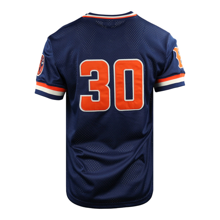The EFF Hiroshima Carp DNA Replica V-Neck Mesh Jersey features navy vintage mesh, orange and white striped sleeves, bold orange number 30 on the back, and a left shoulder patch, shown against a white background.