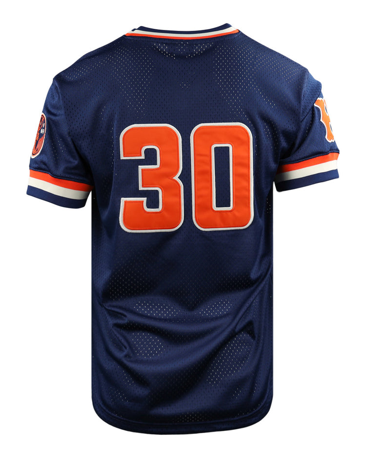 The EFF Hiroshima Carp DNA Replica V-Neck Mesh Jersey features navy vintage mesh, orange and white striped sleeves, bold orange number 30 on the back, and a left shoulder patch, shown against a white background.