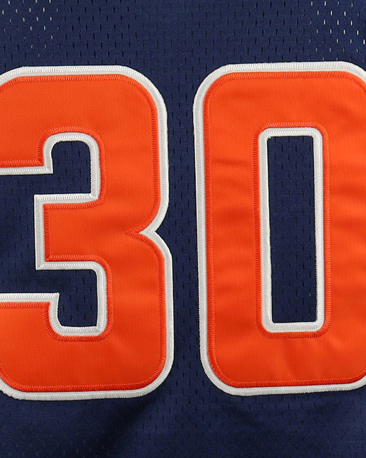 A close-up of the EFF Hiroshima Carp DNA Replica V-Neck Mesh Jersey, navy blue mesh with a large orange number 30 outlined in white.