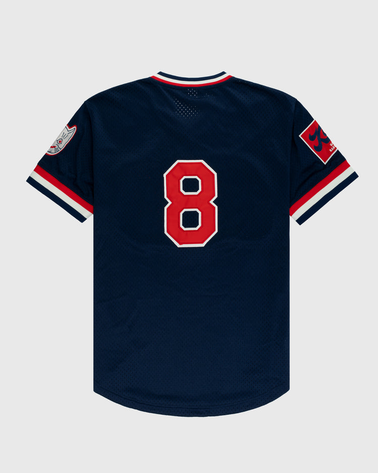 The EFF Kansas City Katz Mesh V-Neck Jersey features navy blue mesh, red and white trim, large red and white number 8 on the back, Ban Johnson Baseball League patches on both sleeves, and is shown laid flat on a light background.