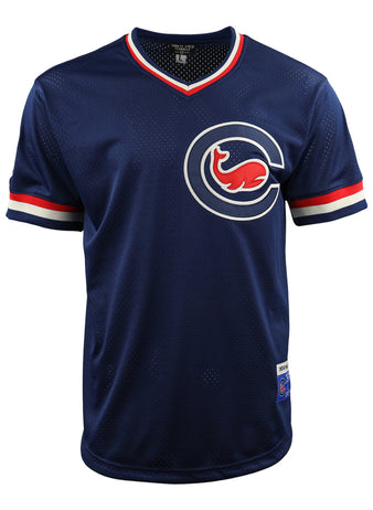 The EFF Chicago Whales DNA Replica V-Neck Mesh Jersey features navy mesh, red, white, and blue striped sleeves, and a red whale inside a white and blue C emblem—echoing classic Ebbets Field Flannels style.